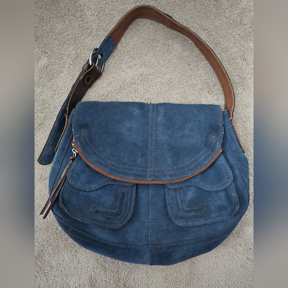 Lucky Brand Blue Suede Shoulder Bag with Brown Strap
